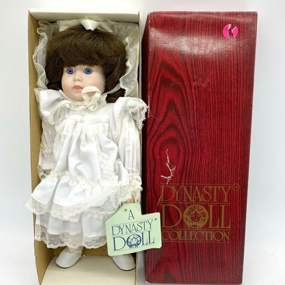 Vintage 80s Dynasty Doll Collection Porcelain Meredith White Lace Dress W/ Box‎